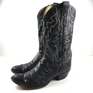 vtg Justin Black Lizard Leather Men's Western Cowboy Boots 10 Utility Festival